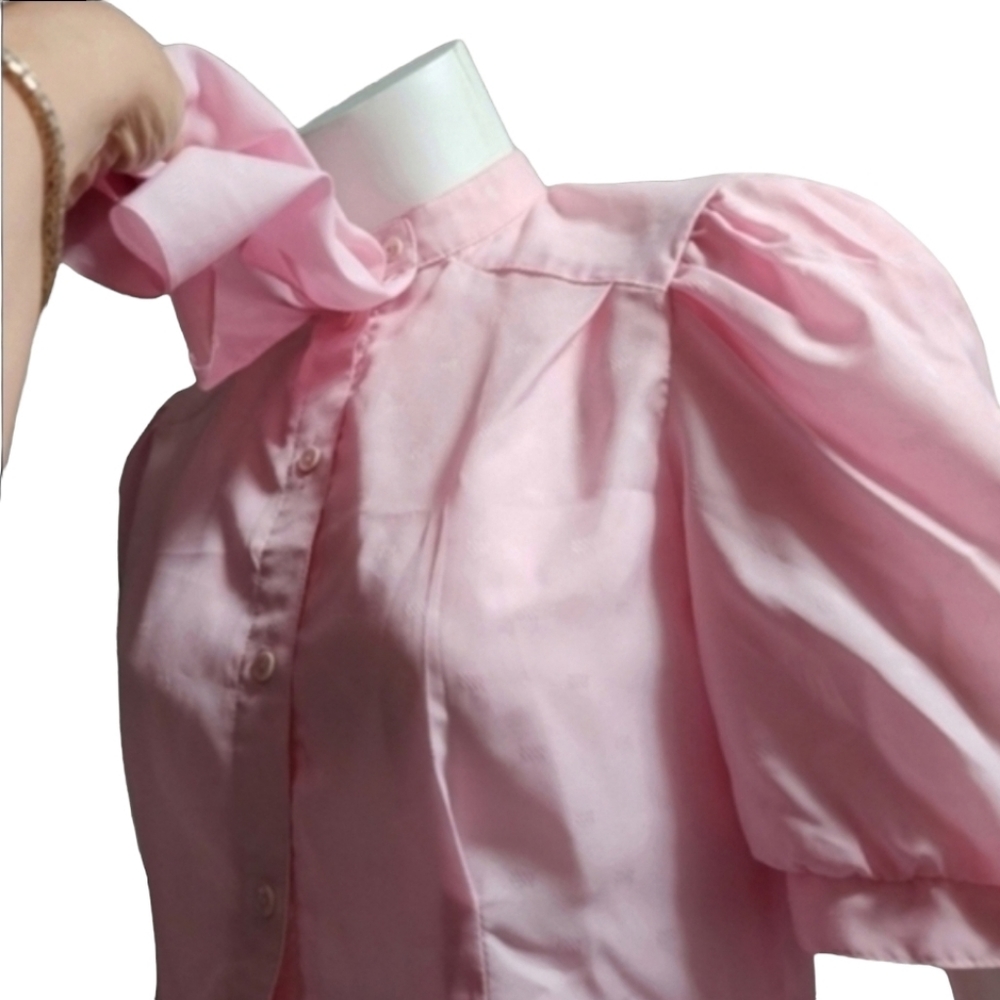 VINTAGE Y2K Bubblegum Pink Puffy Sleeve Blouse S Ruffle Punk Barbiecore Top - Picture 7 of 16